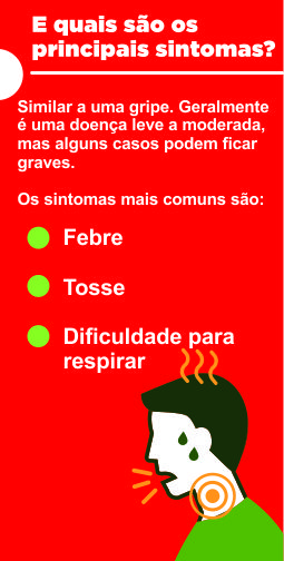 E quais são os principais sintomas? Similar a uma gripe, Geralmente é uma doença leve a moderada, mas alguns casos podem ficar graves. Os sintomas mais comuns são: Febre; Tosse: Dificuldade para respirar.