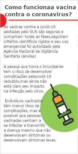 Como funciona a vacina contra o coronavírus? as vacinas contra covid-19 adotadas pelo SUS são seguras e cumpriram todas as fases, seguiram critérios científicos rígidos e se uso emergencial foi autorizado pela Agência Nacional de Vigilância Sanitária (Anvisa). A pessoa que toma o imunizante tem o risco de desenvolver complicações pela covid-19 reduzido, mas ainda não está claro seu impacto na infecção pelo vírus. Indivíduos vacinados têm menor risco de complicações, mas é possível pessoas vacinadas venham a se infectar e transmitir a doença mesmo que não desenvolvam sintomas.